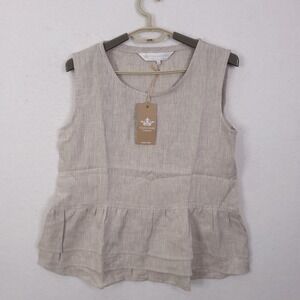 Crown Linen Designs Peplum Top Womens Small Beige Sleeveless 100% Linen NEW
